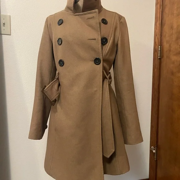 Wool Blend Tan Double-Breasted Coat - Picture 16 of 16
